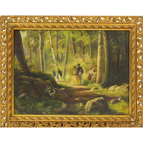 2163 - Figures in the woods, oil on board, bearing a signature H Dahl, framed, 50cm x 37cm