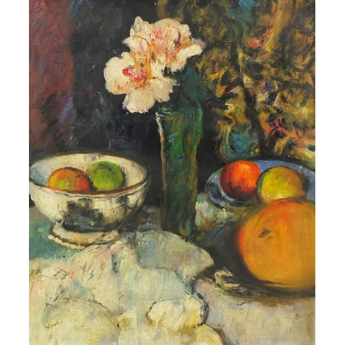 2273 - Still life flowers and fruit, Scottish colourist school oil on board, bearing a signature Hunter, fr... 