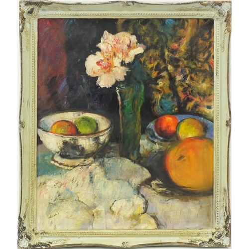 2273 - Still life flowers and fruit, Scottish colourist school oil on board, bearing a signature Hunter, fr... 