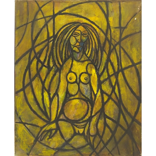 2053 - Abstract composition, surreal nude figure, oil on canvas, bearing an inscription Ribeiro verso, fram... 