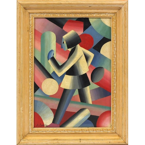 2058 - Abstract composition, cubist figure, Russian school oil on board, bearing a signature Monora, framed... 