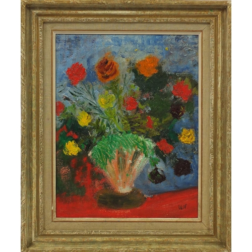 2329 - Still life flowers in a vase, impressionist oil on board, bearing a signature WN and inscription ver... 