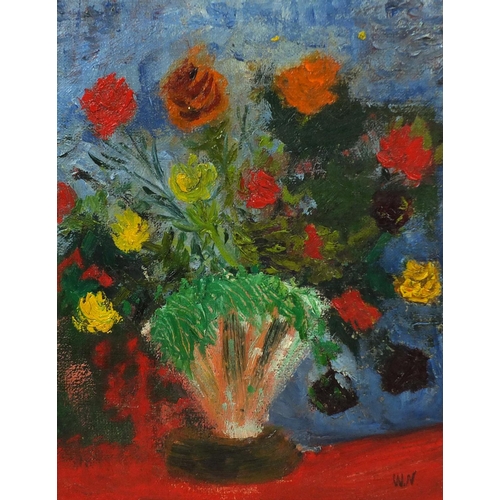 2329 - Still life flowers in a vase, impressionist oil on board, bearing a signature WN and inscription ver... 