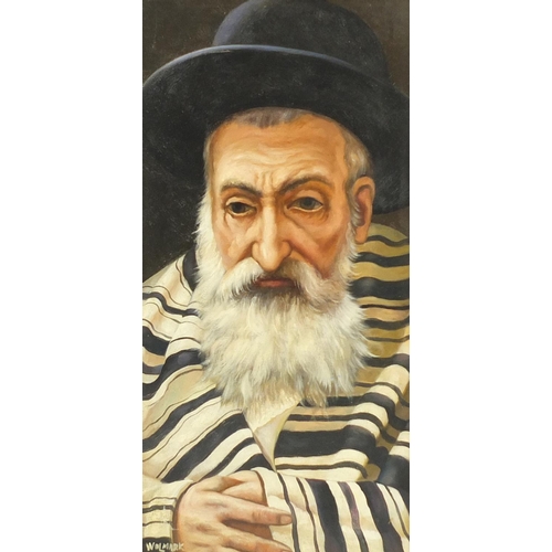 2159 - Portrait of a Rabbi, oil on board, bearing a signature Wolmark, mounted and framed, 60cm x 29.5cm