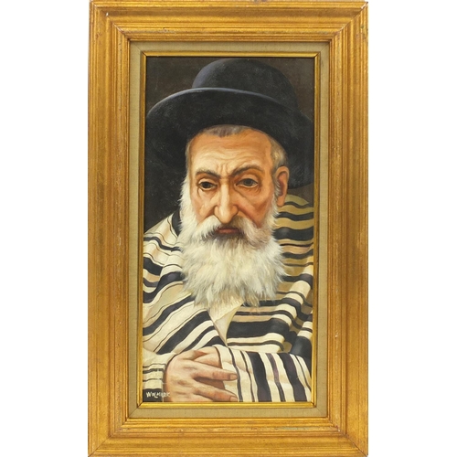 2159 - Portrait of a Rabbi, oil on board, bearing a signature Wolmark, mounted and framed, 60cm x 29.5cm