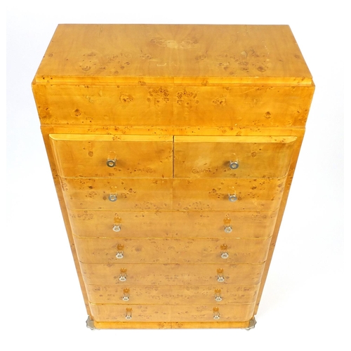 2041 - Art Deco style birdseye maple tall boy chest with eight drawers and chrome fittings, 137cm H x 80cm ... 
