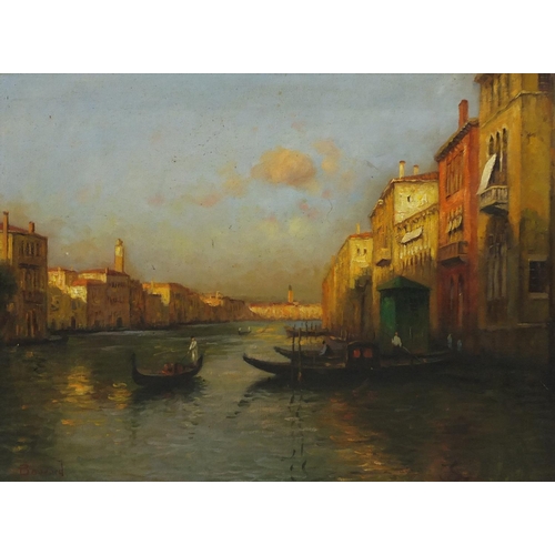 2051 - Manner of Antoine Bouvard - Venetian canal with gondola's, oil on board, framed, 60cm x 44cm