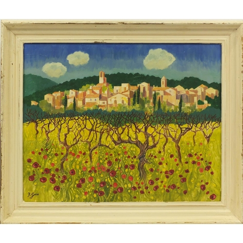 2274 - Continental landscape with trees before a town, oil on board, bearing a signature F Gore, framed, 74... 