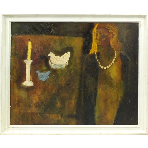 2116 - Manner of William Scott - Female beside a candle and two chicks, oil on board,  inscribed verso, fra... 