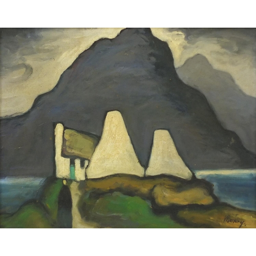 2214 - After Markey Robinson - Figure before a cottage and mountains, Irish school oil on board, framed, 49... 
