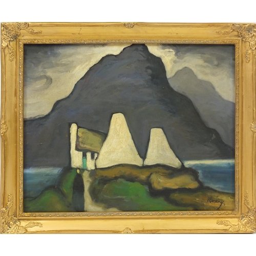 2214 - After Markey Robinson - Figure before a cottage and mountains, Irish school oil on board, framed, 49... 