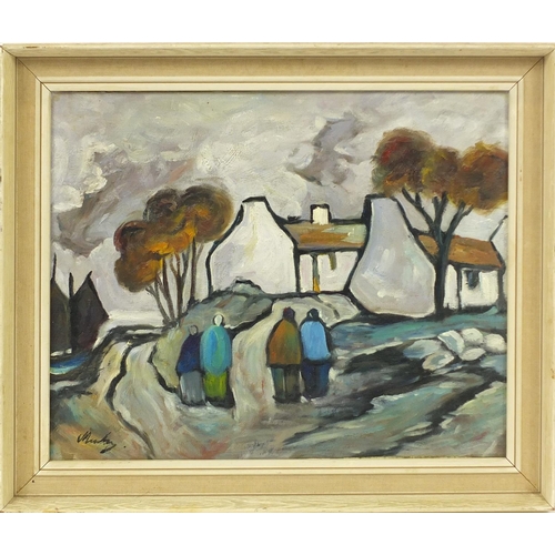 2057 - After Markey Robinson - Figures by cottages, Irish school oil on board, framed, 50cm x 40cm