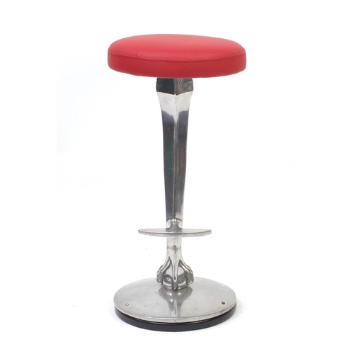 2100 - Contemporary polished aluminium bar stool with red leather seat and ball and claw support, 77cm high