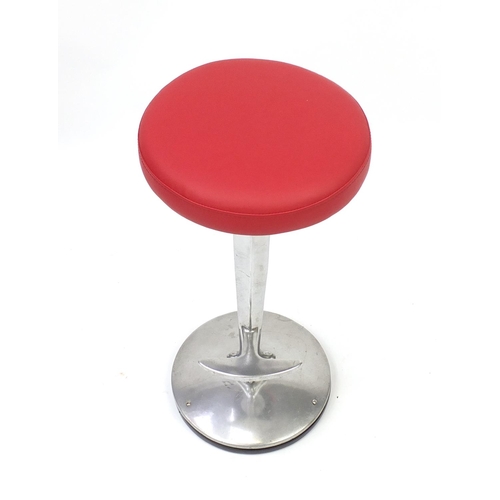 2100 - Contemporary polished aluminium bar stool with red leather seat and ball and claw support, 77cm high