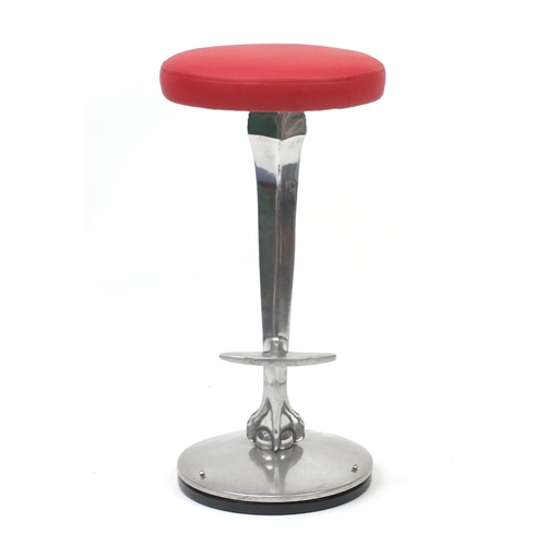 2105 - Contemporary chrome bar stool with cushioned red leather seat and ball and claw support, 77cm high
