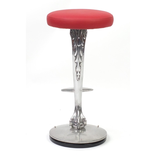 2105 - Contemporary chrome bar stool with cushioned red leather seat and ball and claw support, 77cm high