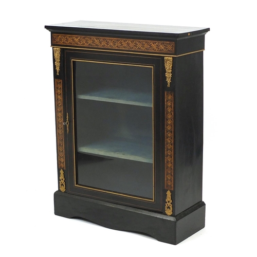 2044 - 19th century French ebonised pier cabinet with geometric inlay and ornate gilt mounts, enclosing two... 