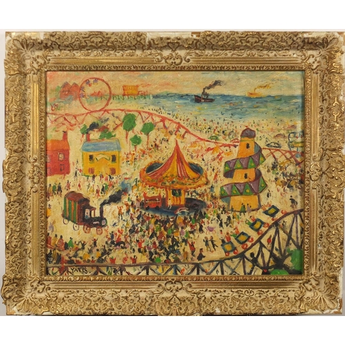 2600 - Fairground by the sea, oil on canvas, bearing a signature Yates, framed, 48.5cm x 39cm