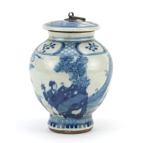 2486 - Chinese blue and white porcelain jar and cover, hand painted with children, Kangxi blue ring marks t... 