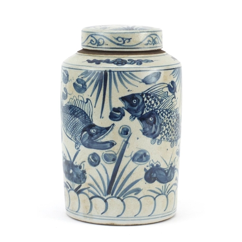 2448 - Chinese blue and white porcelain cylindrical jar and cover, hand painted with fish amongst reeds and... 