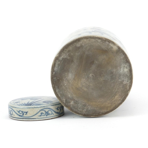 2448 - Chinese blue and white porcelain cylindrical jar and cover, hand painted with fish amongst reeds and... 