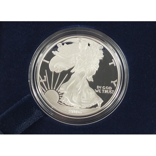 2718 - Four American eagle silver proof one ounce bullion coins, with cases and boxes comprising dates 2005... 