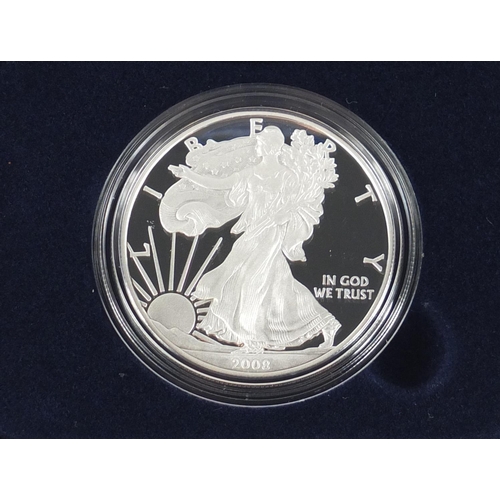 2718 - Four American eagle silver proof one ounce bullion coins, with cases and boxes comprising dates 2005... 