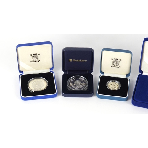 2734 - Silver proof coins with cases comprising The Battle of Trafalgar crown, 2000 Millennium five pounds,... 