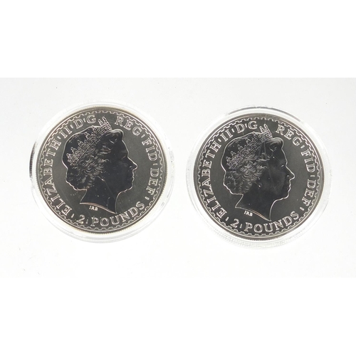 2731 - Five Britannia silver one ounce two pounds with certificates comprising dates 1998, 2000, 2001, 2002... 