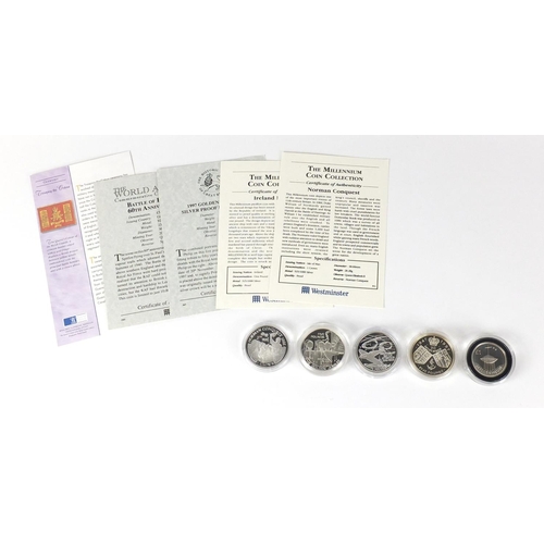 2729 - Five silver proof coins with certificates comprising Norman Conquest, Island Piedfort, Battle of Bri... 