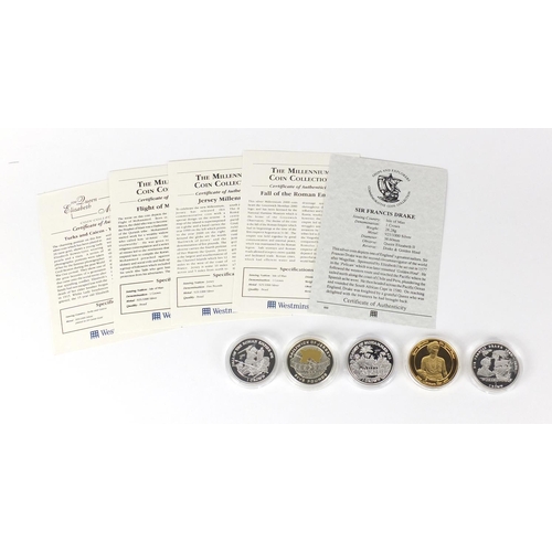 2730 - Five silver proof coins with certificates comprising Turks and Caicos, Flight of Mohammed, Jersey Mi... 