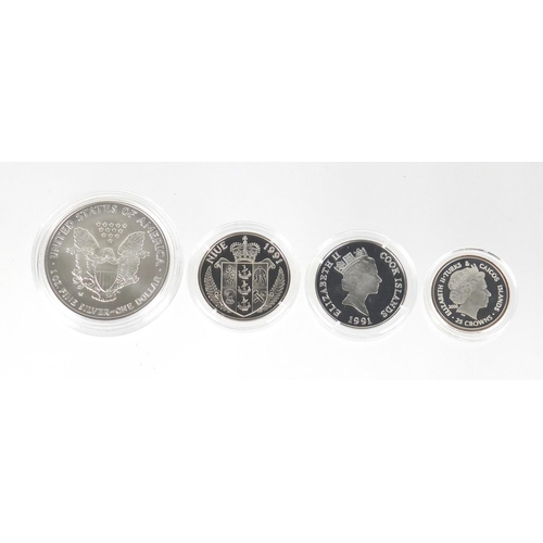 2728 - Seven silver proof coins, three with certificates including a Barbados octagonal five dollars, Sir W... 