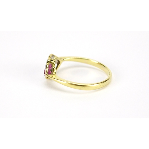 2789 - Art Deco 18ct gold ruby and diamond ring housed in a Hamilton & Co London leather box, size L, 2.5g