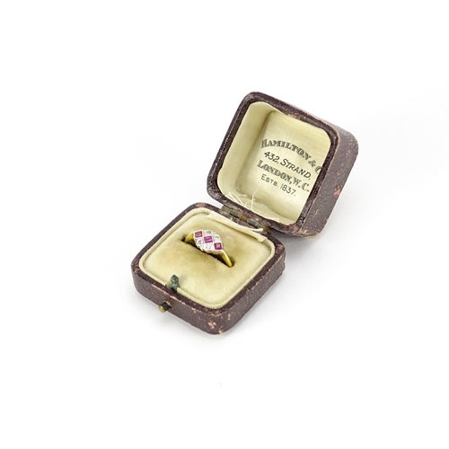 2789 - Art Deco 18ct gold ruby and diamond ring housed in a Hamilton & Co London leather box, size L, 2.5g