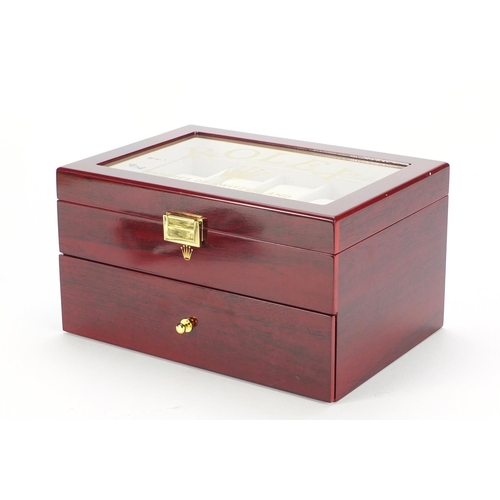 2144 - Rolex cherry wood dealers display watch box with base drawer, 16.5cm H x 29cm W x 20.5cm D