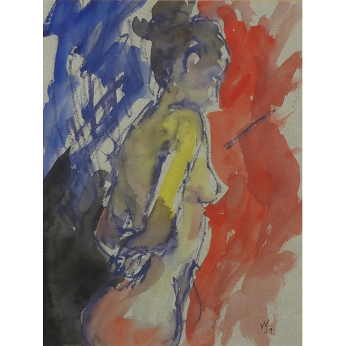 2162 - Valerie Knight - The nude female form, watercolour, label verso, mounted and framed, 31.5cm x 24cm