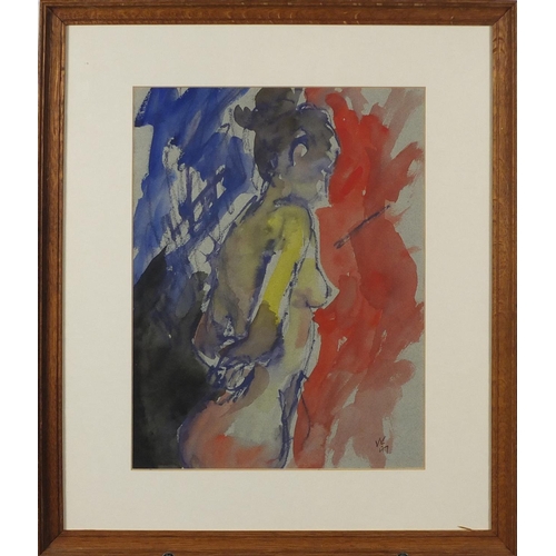 2162 - Valerie Knight - The nude female form, watercolour, label verso, mounted and framed, 31.5cm x 24cm