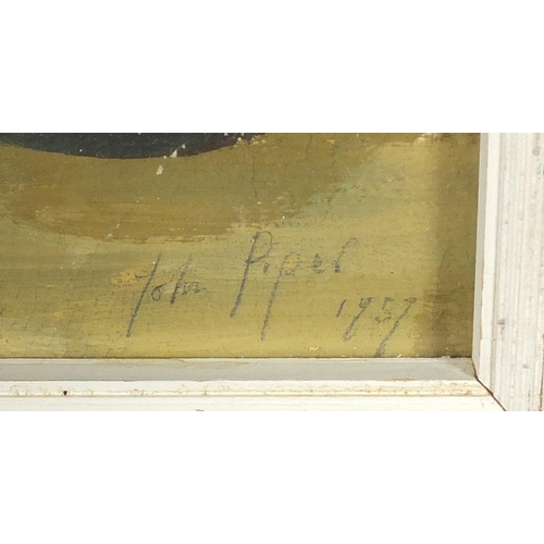 2438 - Manner of John Piper - Still life, gouache, inscribed verso, framed, 39cm x 29cm