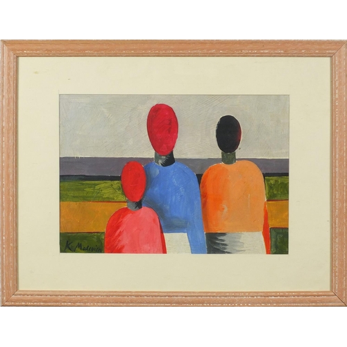 2553 - Abstract composition, family of three, mixed media, bearing a signature K Massvich, mounted and fram... 