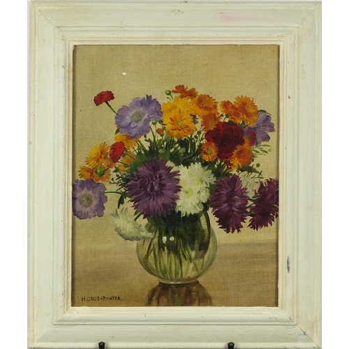 2278 - After H Davis Richter - Still life flowers in a vase, oil, framed, 38cm x 30.5cm