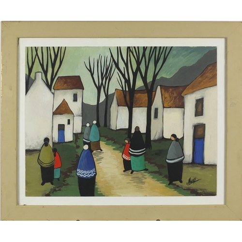 2327 - After Markey Robinson - Figures in a town, Irish school gouache, framed, 46.5cm x 35.5cm