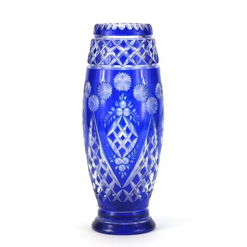 2341 - Good quality Bohemian blue flashed cut glass vase, 31.5cm high