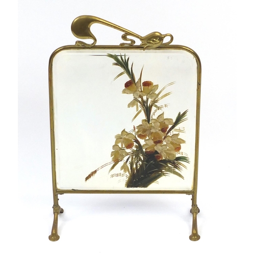 2109 - Art Nouveau brass mirrored screen hand with daffodils, impressed W B & P and numbered, 71cm high