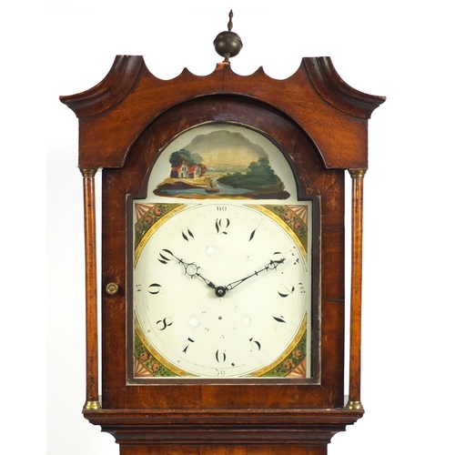 2038 - Early 19th century mahogany long case clock with hand painted dial, 212cm high