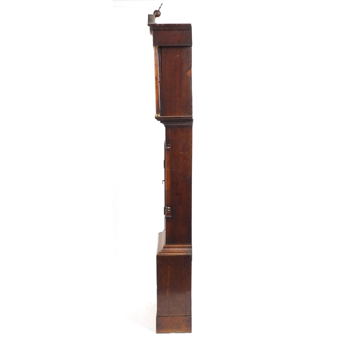 2038 - Early 19th century mahogany long case clock with hand painted dial, 212cm high