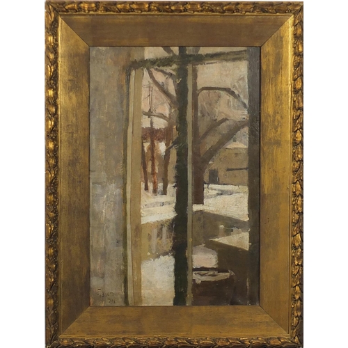 2220 - Looking out of a window, oil on canvas, bearing an indistinct signature, mounted and framed, 60cm x ... 