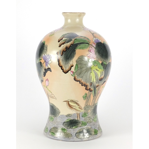 2211 - Large Chinese porcelain baluster vase, hand painted with birds and lillies, 38cm high