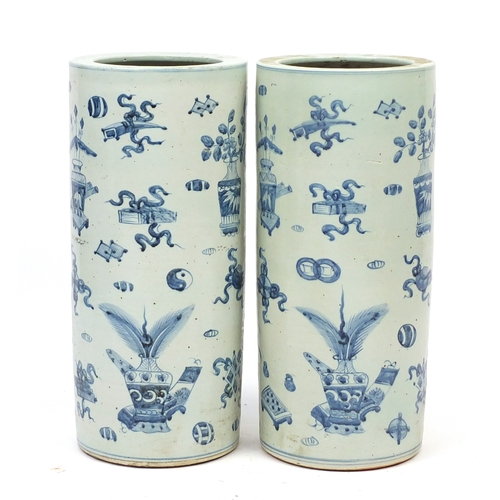 2062 - Pair of Chinese blue and white porcelain floor standing vases, hand painted with precious objects, 6... 