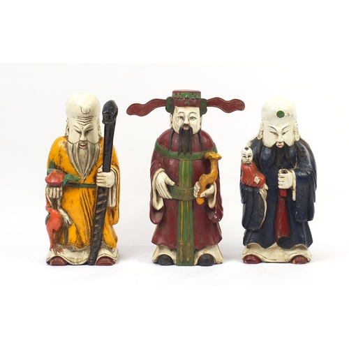 2397 - Three large Chinese hand painted carved wood Gods comprising prosperity, Longevity and happiness, 66... 
