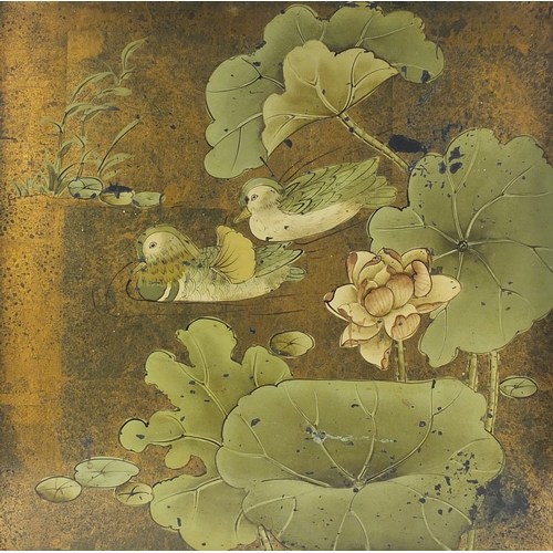 2455 - Chinese lacquered wall hanging hand painted with ducklings and lily pads, 54cm x 54cm